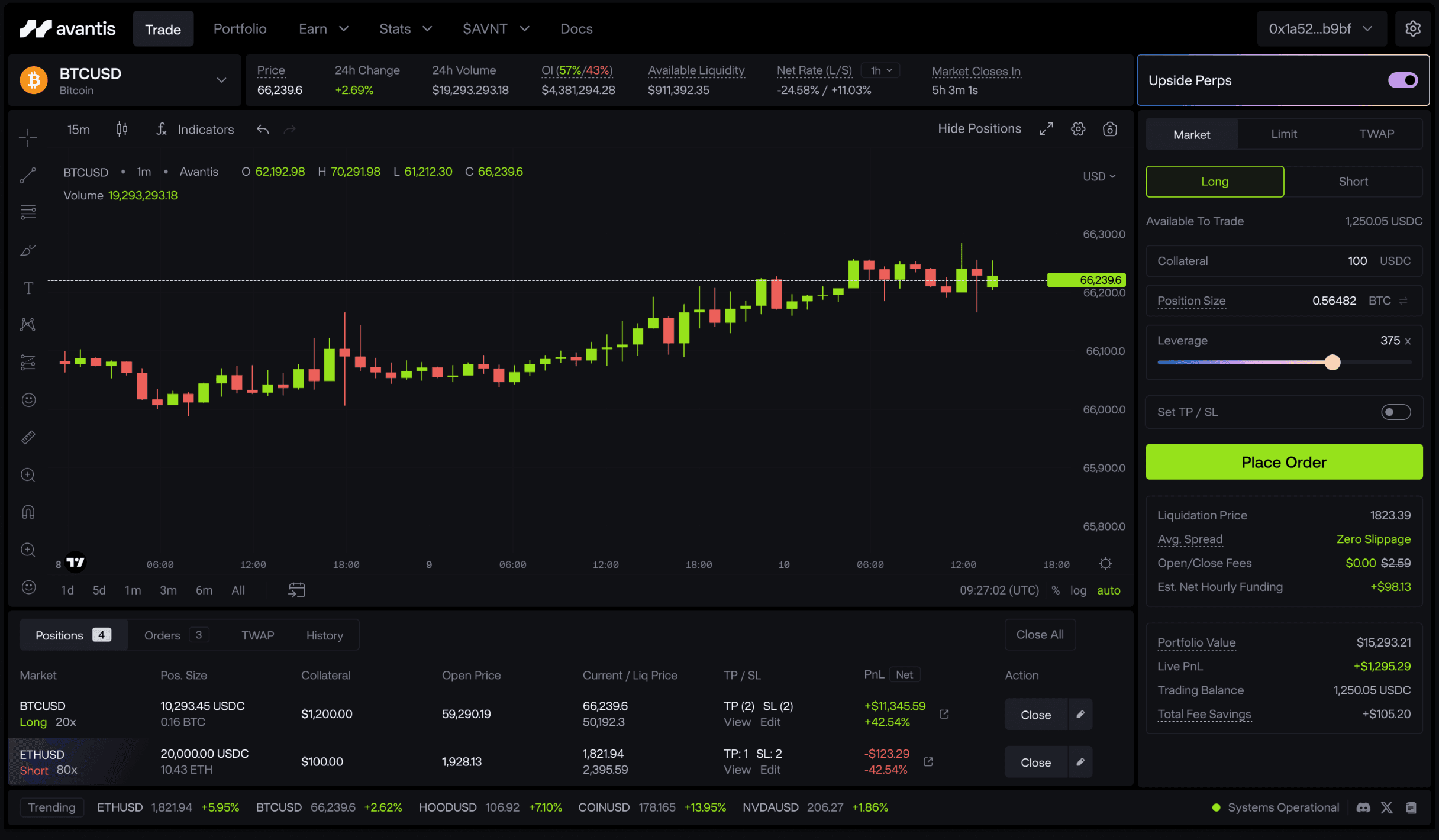 Avantis trading interface